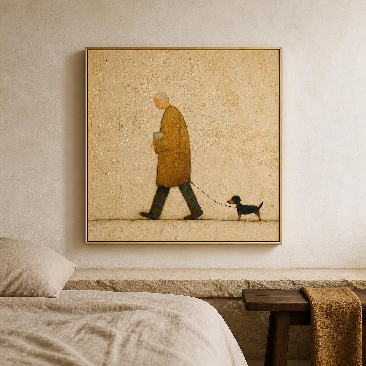 Gentle Stroll - Elderly Man Walking Dachshund Dog Impasto Canvas