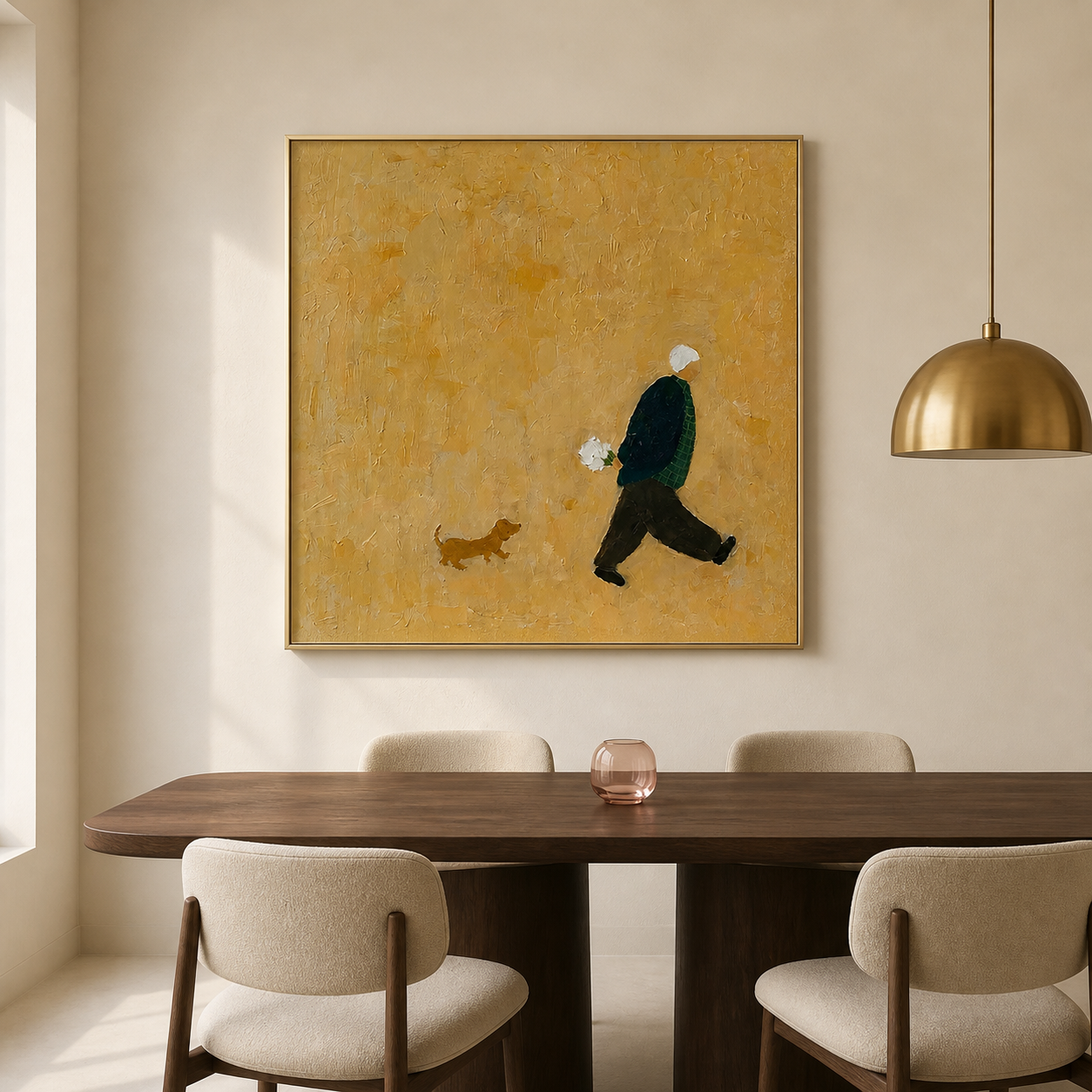 Golden Moment - Man Carrying Flowers with Dog Minimalist Canvas