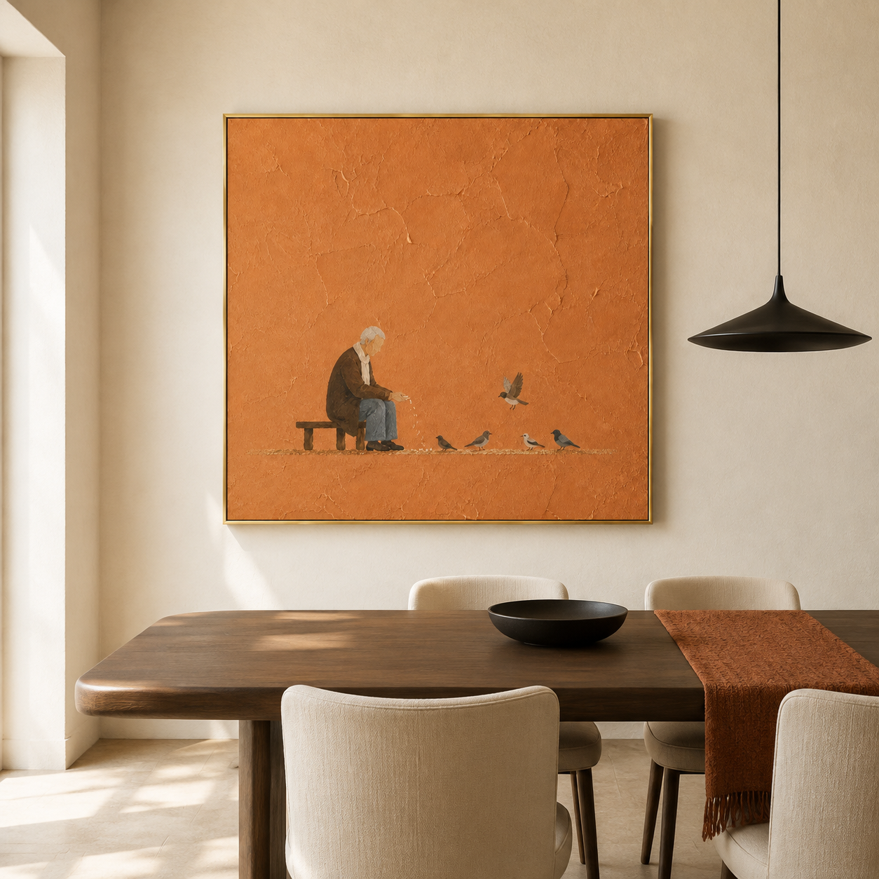 Golden Years - Old Man Feeding Birds Terracotta Impasto Canvas