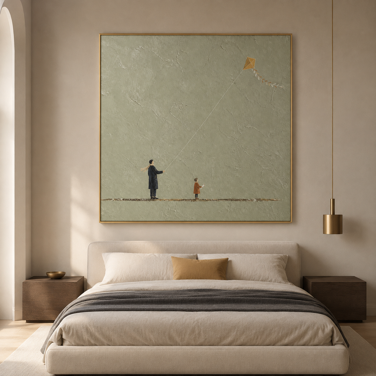 Flying Dreams - Father & Child Flying Kite Sage Green Impasto Canvas