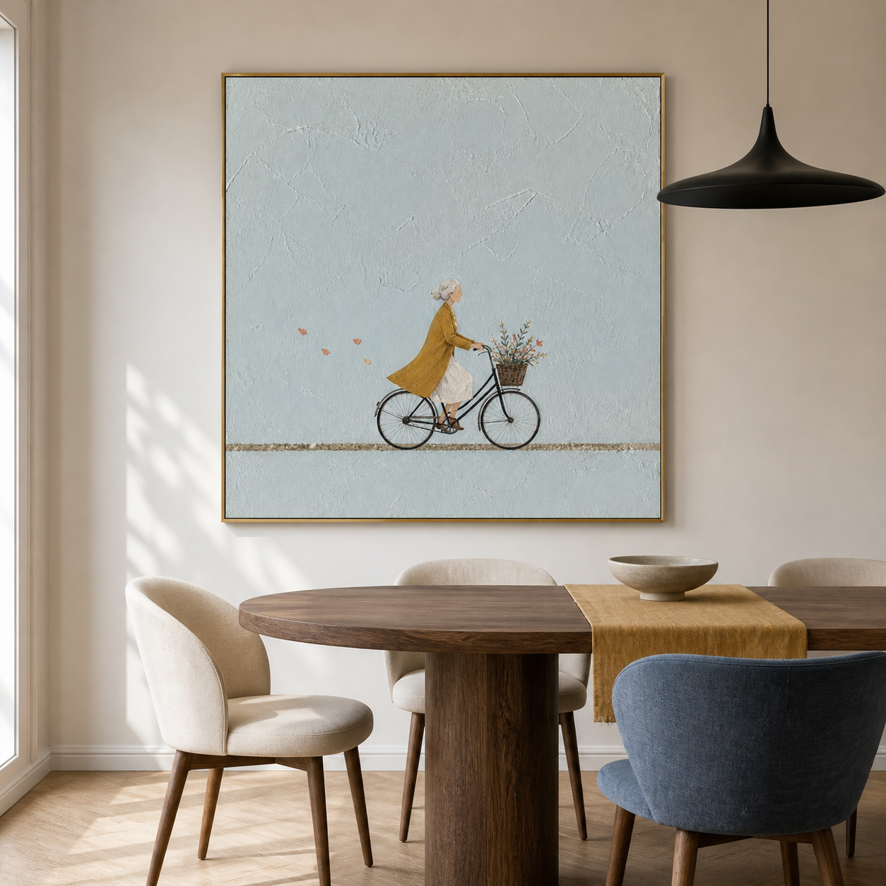 Autumn Breeze - Woman Riding Bicycle with Flowers Sky Blue Canvas
