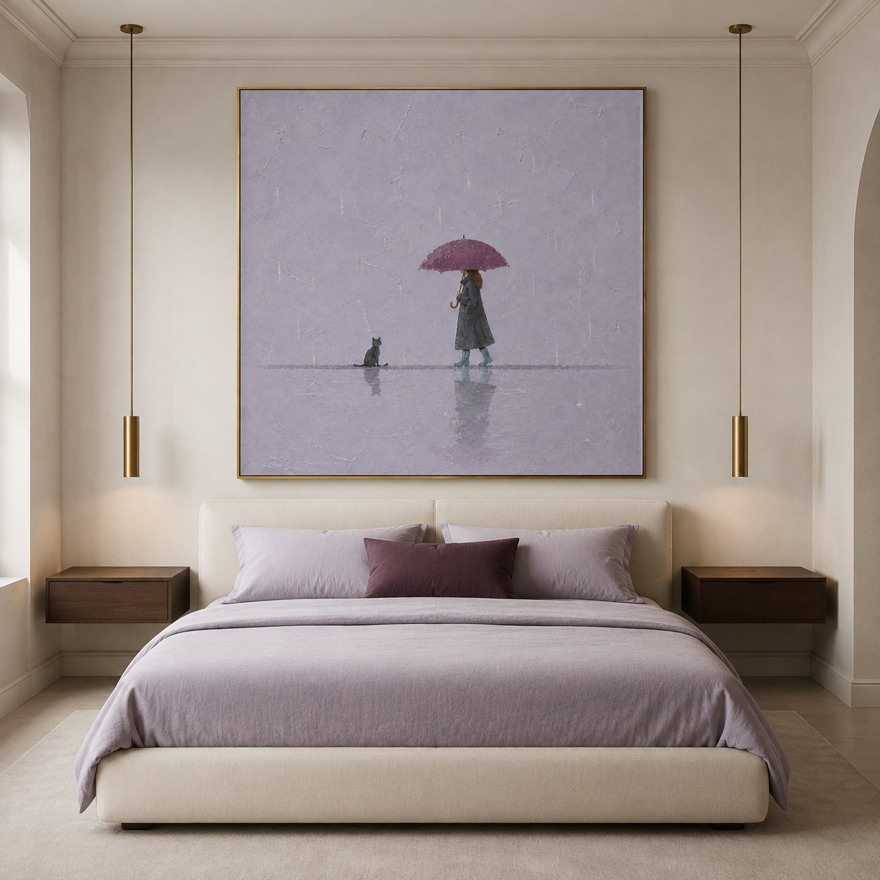 Rainy Serenity - Woman with Umbrella & Black Cat Dusty Purple Canvas