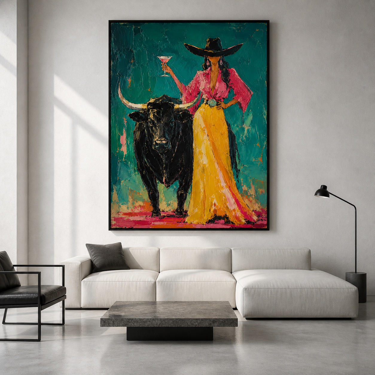 Bold Spirit - Cowgirl with Glass & Black Bull Textured Painting