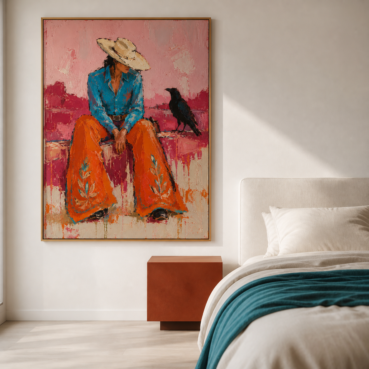 Desert Solitude - Cowgirl with Black Raven Textured Painting