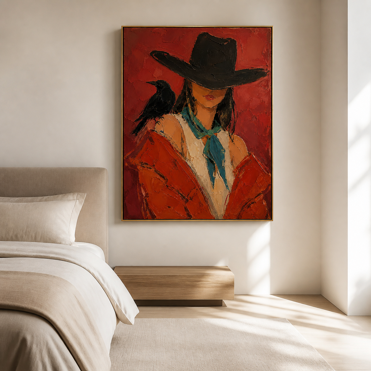 Crimson Shadow - Mysterious Cowgirl & Raven Portrait Textured Painting