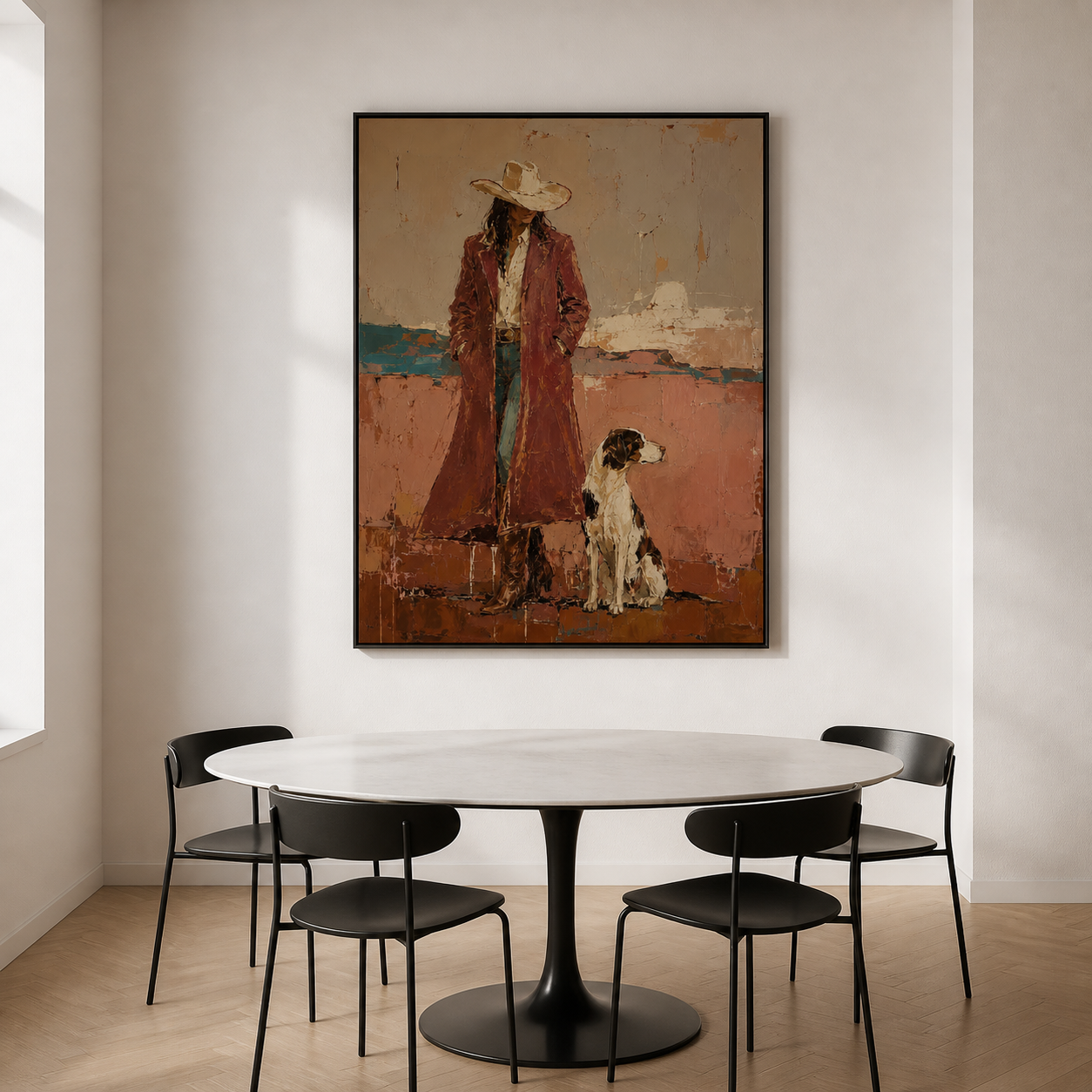 Companions on the Border - Cowgirl & Hound Dog Textured Painting
