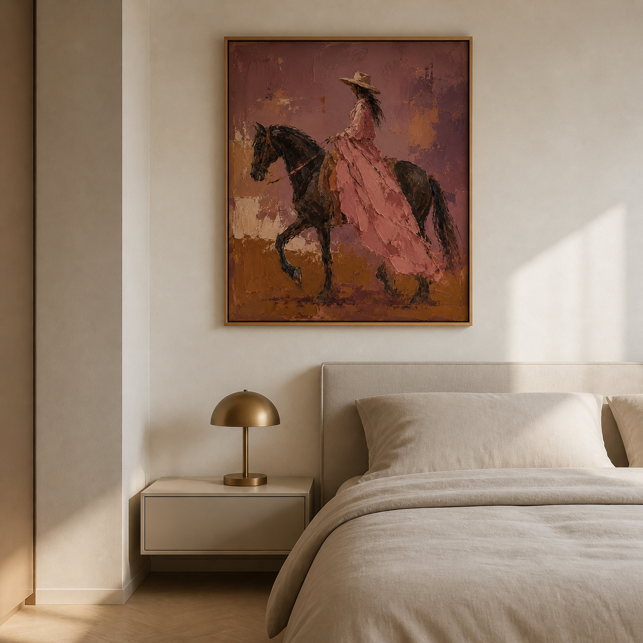 Dusty Rose Gallop - Cowgirl in Pink Dress on Horseback Textured Painting