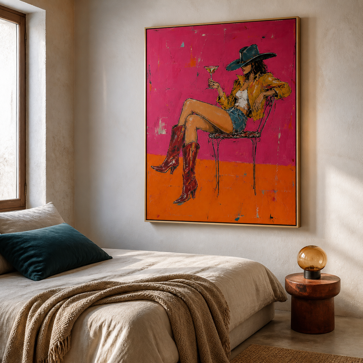 Neon Western Chic - Cowgirl with Cocktail Textured Painting