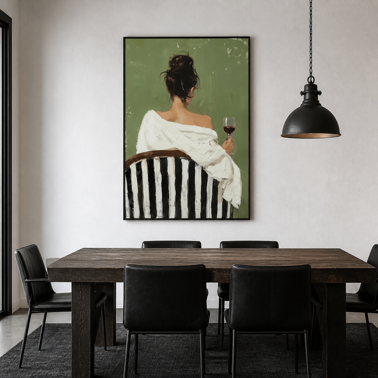 Velvet Lounge - Modern Woman with Red Wine on Striped Chair Painting