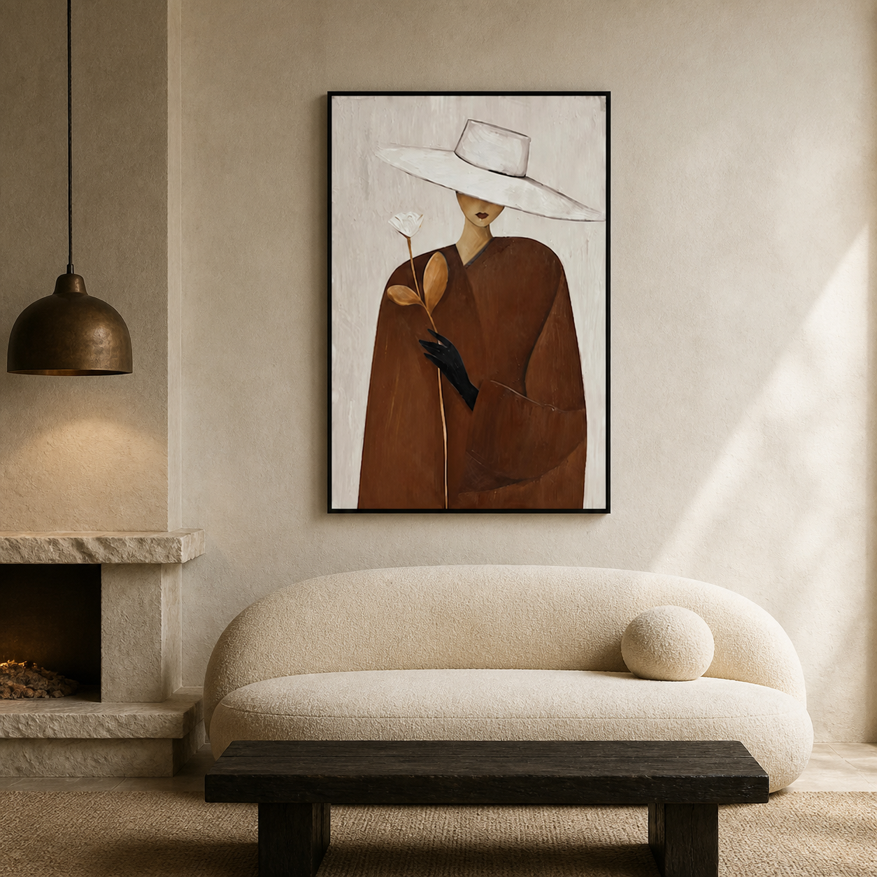 White Rose Romance - Brown Trench Coat Lady with Hat Oil Painting