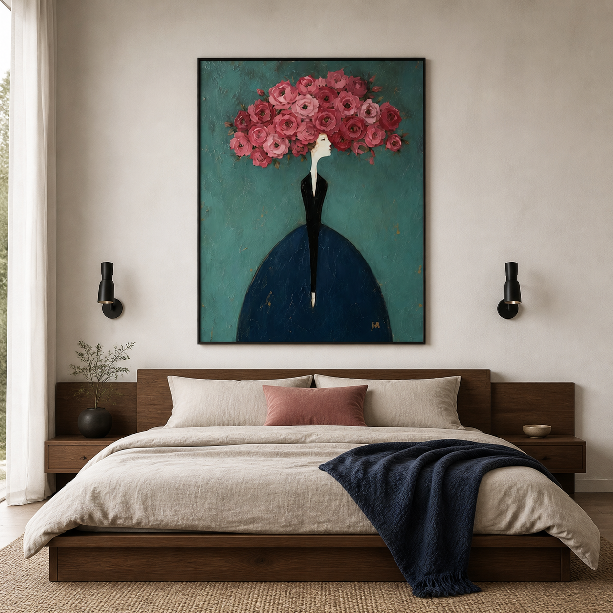 Flora Elegance - High Fashion Woman with Peony Crown Impasto Painting