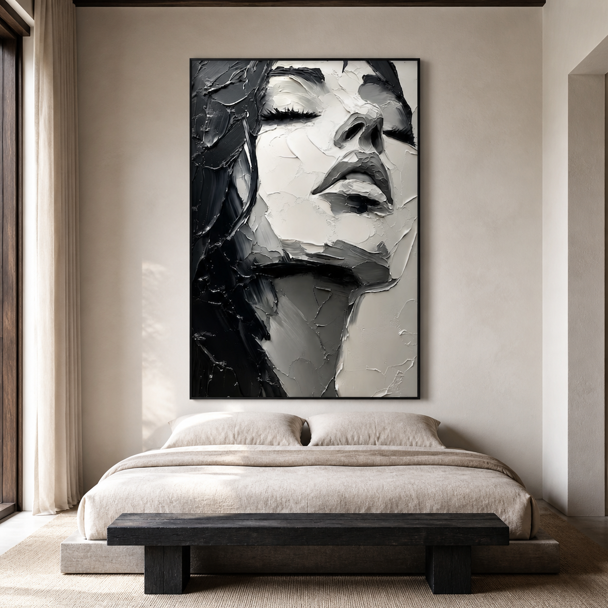 Sculptural Serenity - Heavy Impasto Black & White Woman Face Canvas