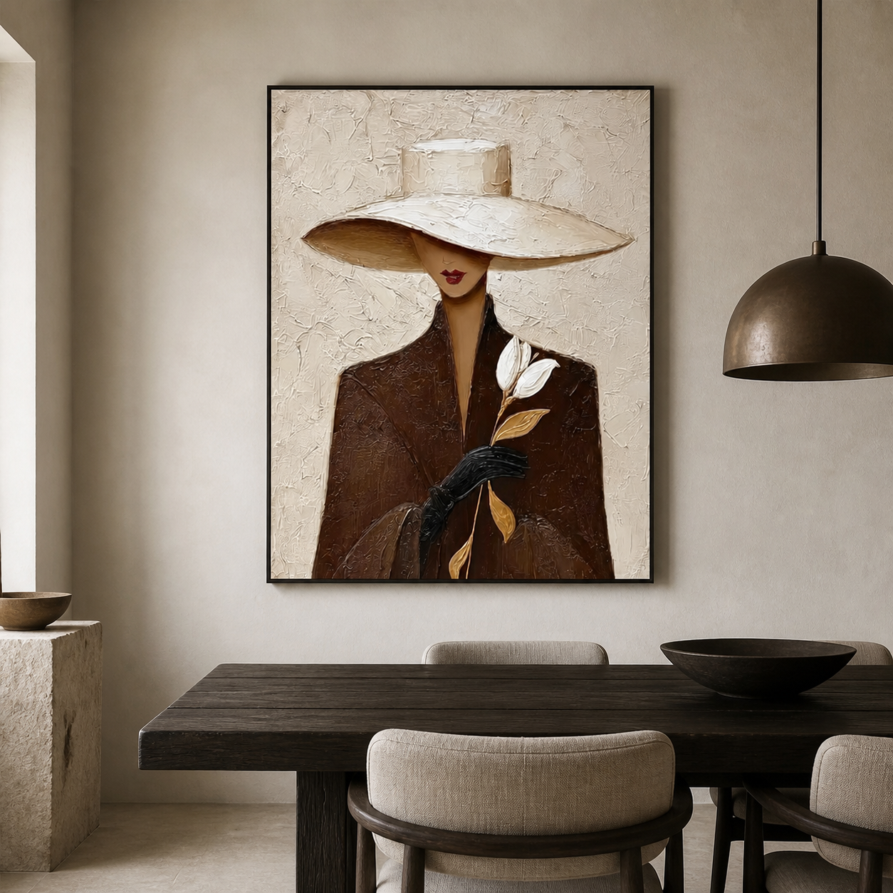 White Rose Romance - Brown Trench Coat Lady with Hat Oil Painting