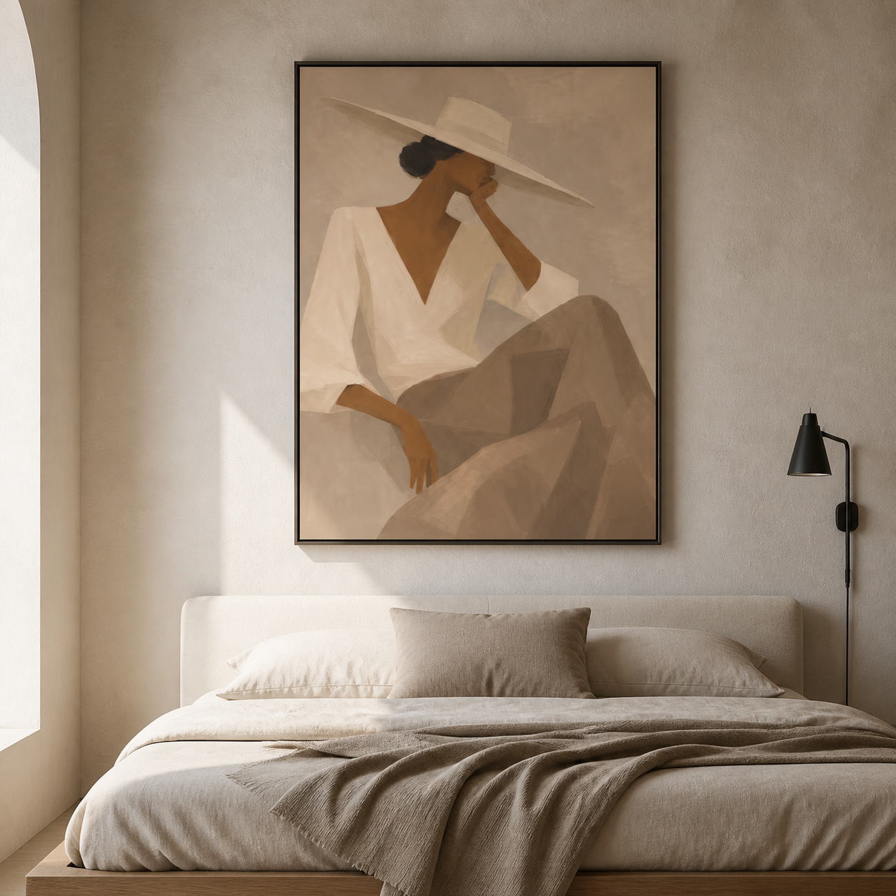Tuscan Breeze - Minimalist Seated Woman in White V-Neck Canvas