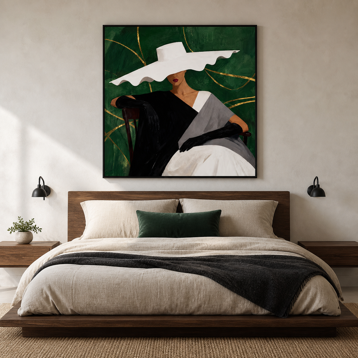 Emerald Empress - Wavy White Hat & Gold Foliage Canvas