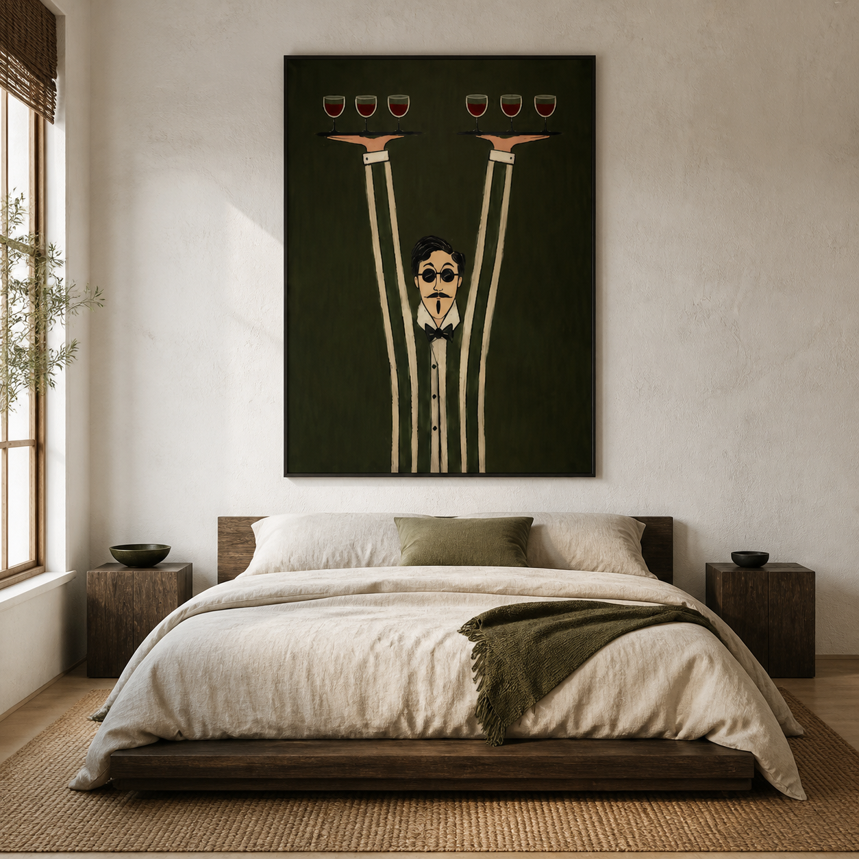 Grand Concierge - Whimsical Tall Waiter with Red Wine Canvas