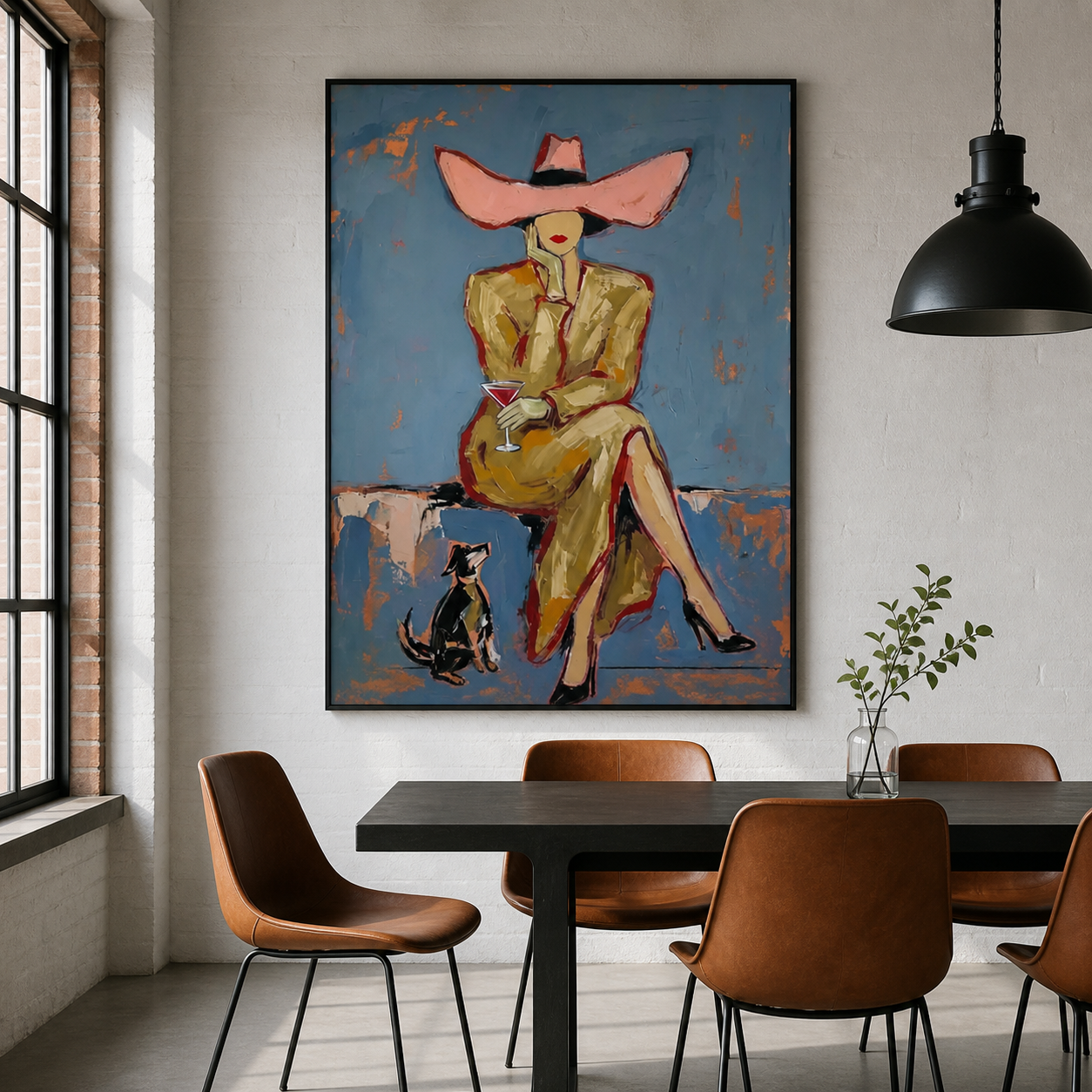 Parisian Afternoon - Elegant Lady with Martini & Dachshund Oil Painting