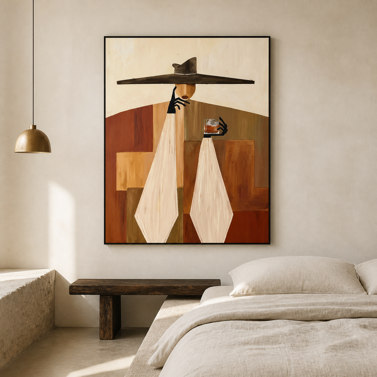 Terracotta Harmony - Geometric Earth Tones Lady with Cocktail Painting