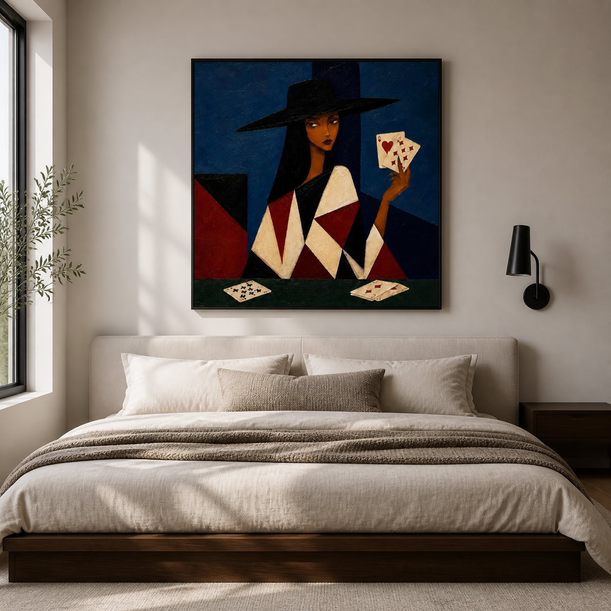 Queen of Hearts - Cubist Lady with Playing Cards Oil Painting
