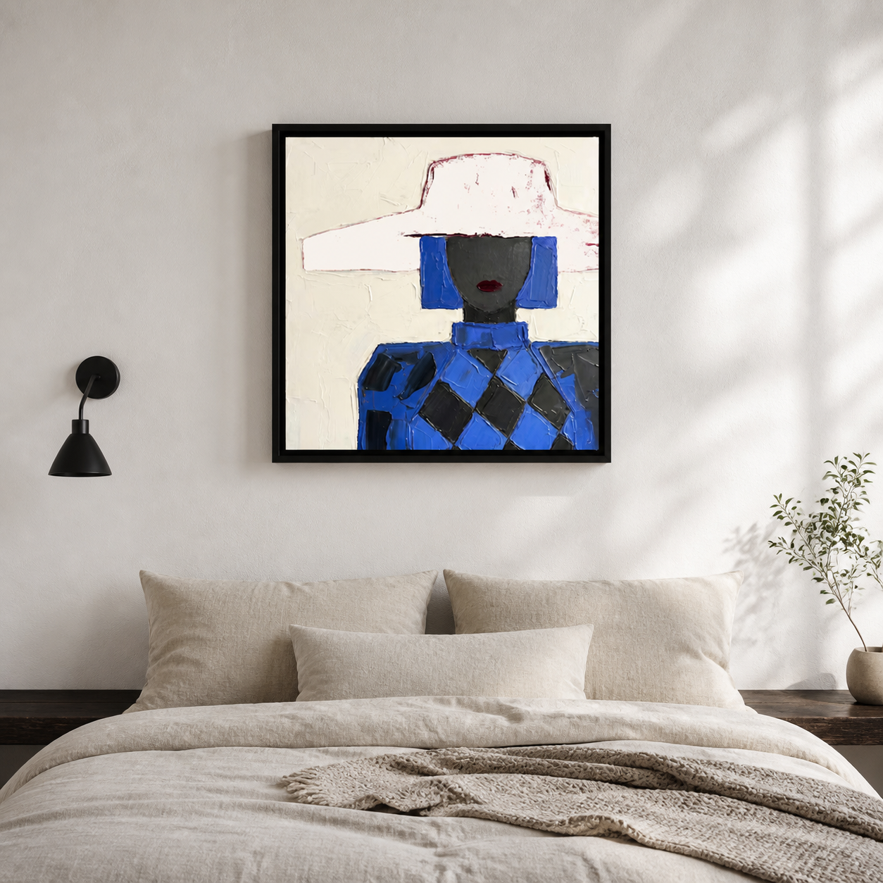 Cobalt Avant-Garde - Blue Diamond Pattern & White Hat Lady Painting