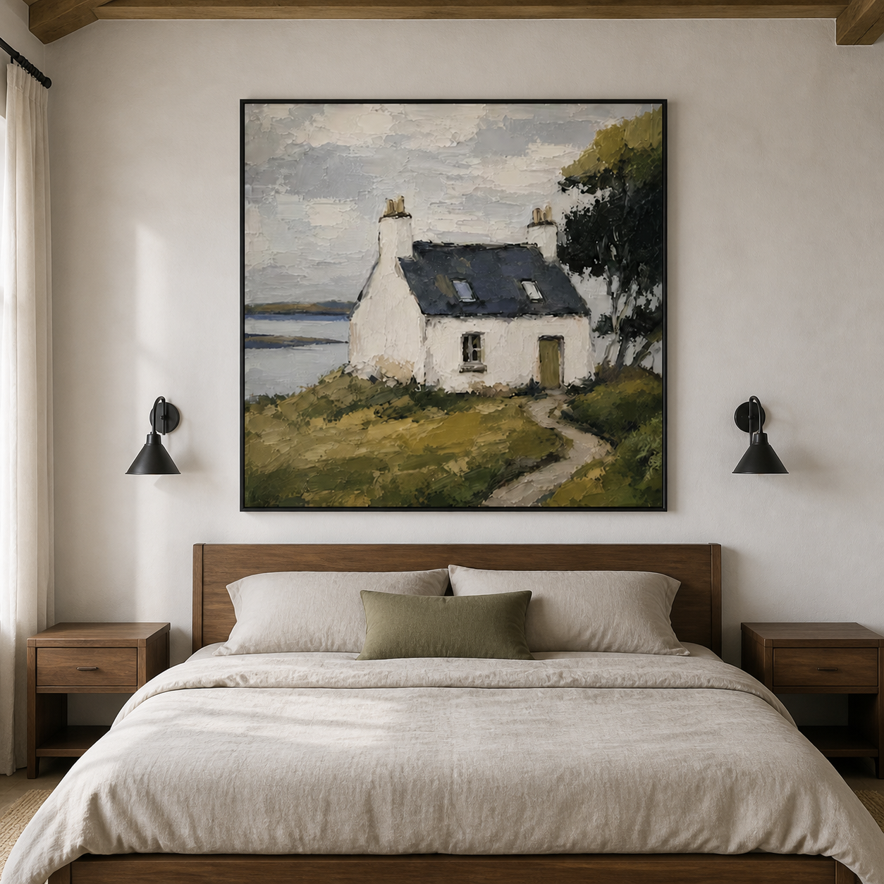 Highland Haven - Coastal White Cottage & Sea Impressionist Painting
