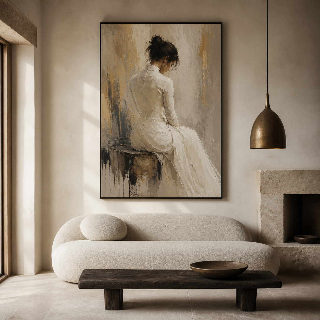 Golden Solitude - Elegant Woman in White Evening Dress Backview Oil Painting