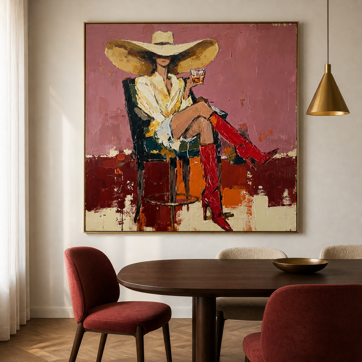 Crimson Stiletto - Chic Woman with Wide Brim Hat & Red Boots