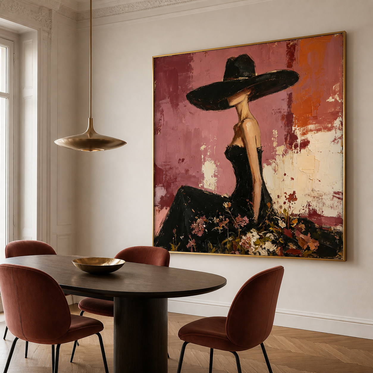 Velvet Night - Elegant Lady in Black Hat & Floral Gown Painting
