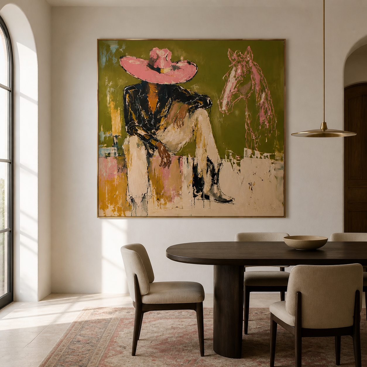 Desert Mirage - Pink Cowboy Hat & Line Art Horse Painting