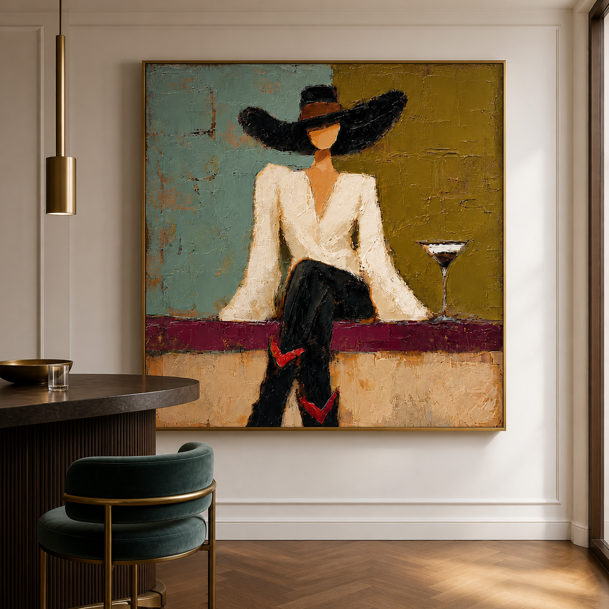Golden Hour Lounge - Chic Lady in Black Hat with Cocktail