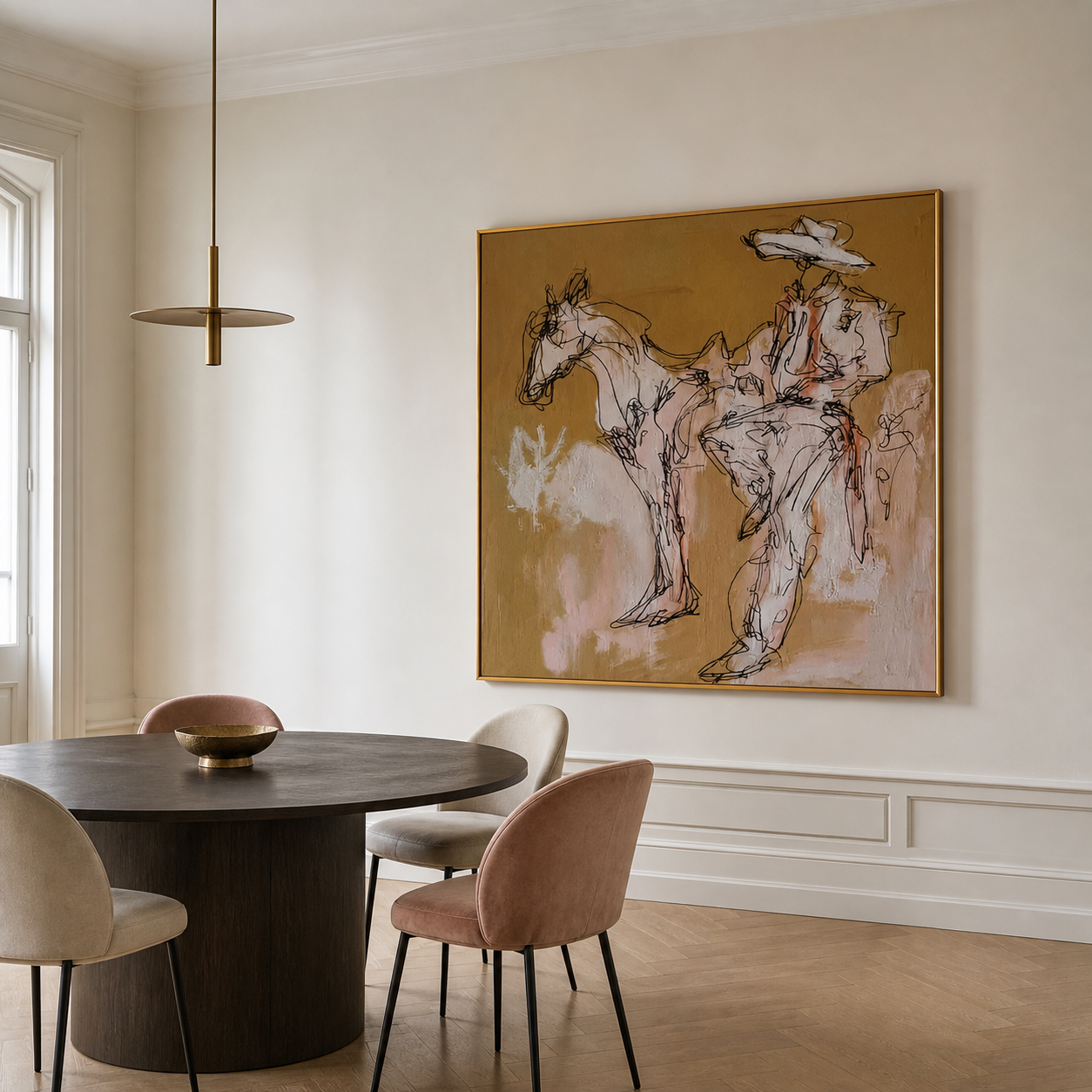 Wild Sketch - Abstract Ochre Horse & Cowboy Painting