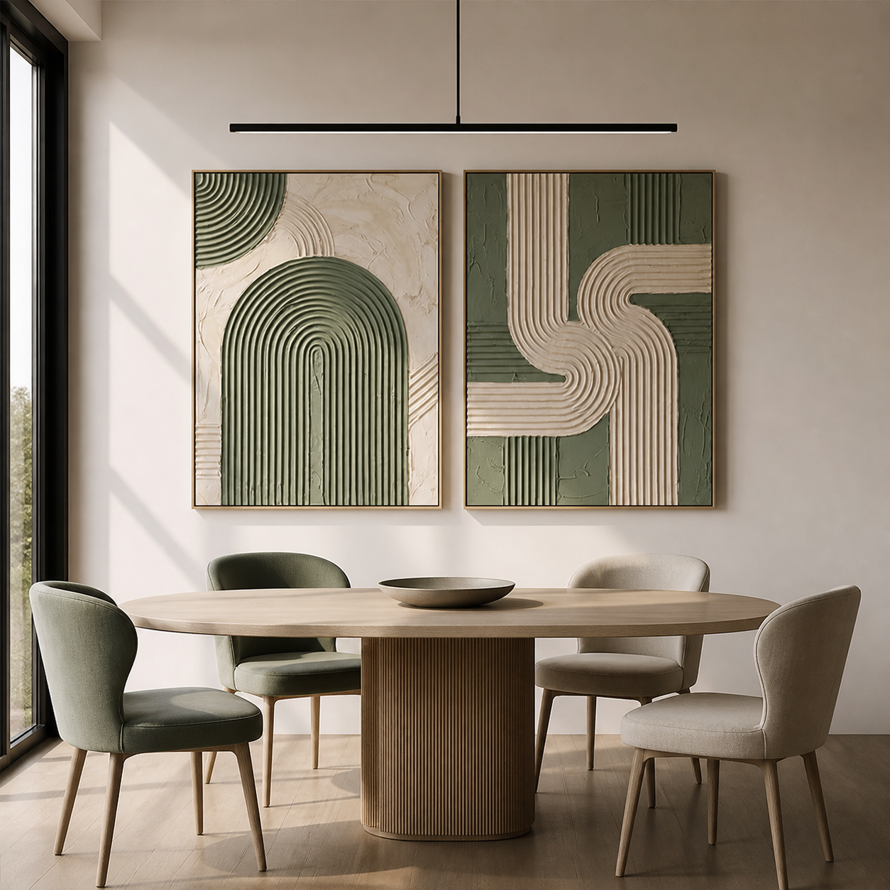 Verdant Curves - Green & Cream Textured Arch Painting Set