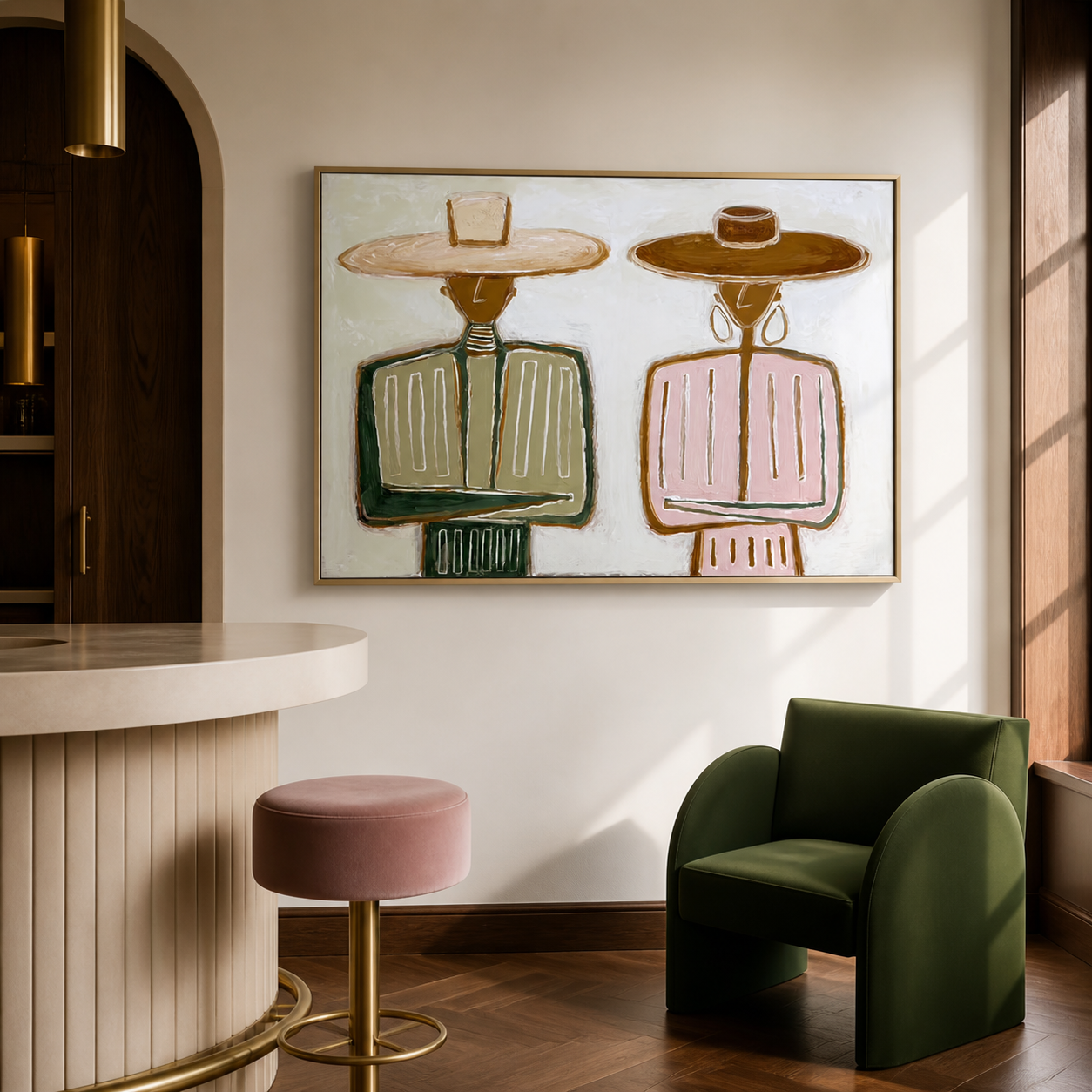 Desert Harmony - Folk Modern Couple in Wide-Brim Hats Canvas Painting