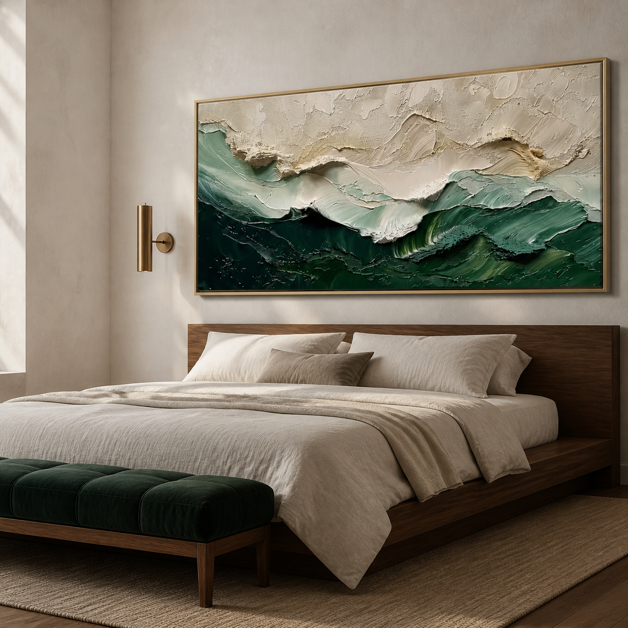 Emerald Tide - Forest Green & Cream Wave Texture Horizon Painting