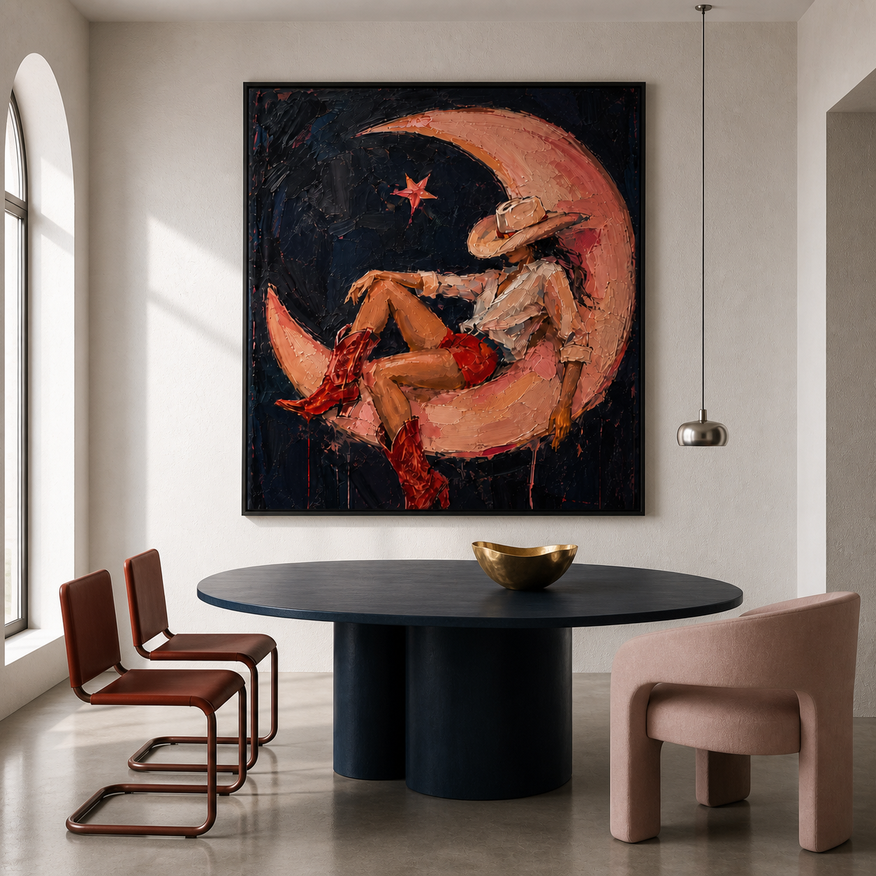 Midnight Crescent Dream - Cowgirl on Crescent Moon Textured Painting