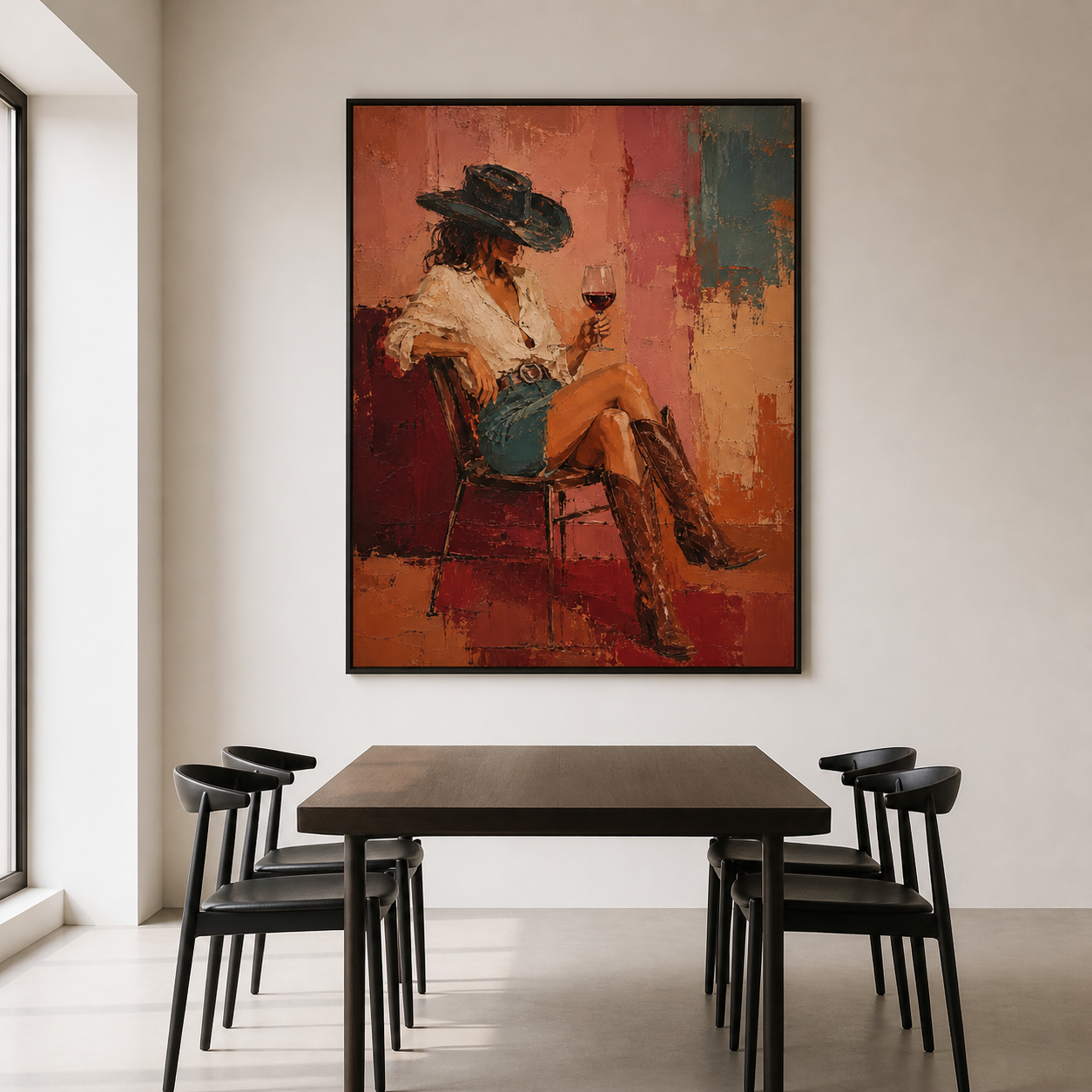 Velvet Twilight - Cowgirl Sipping Wine Textured Painting