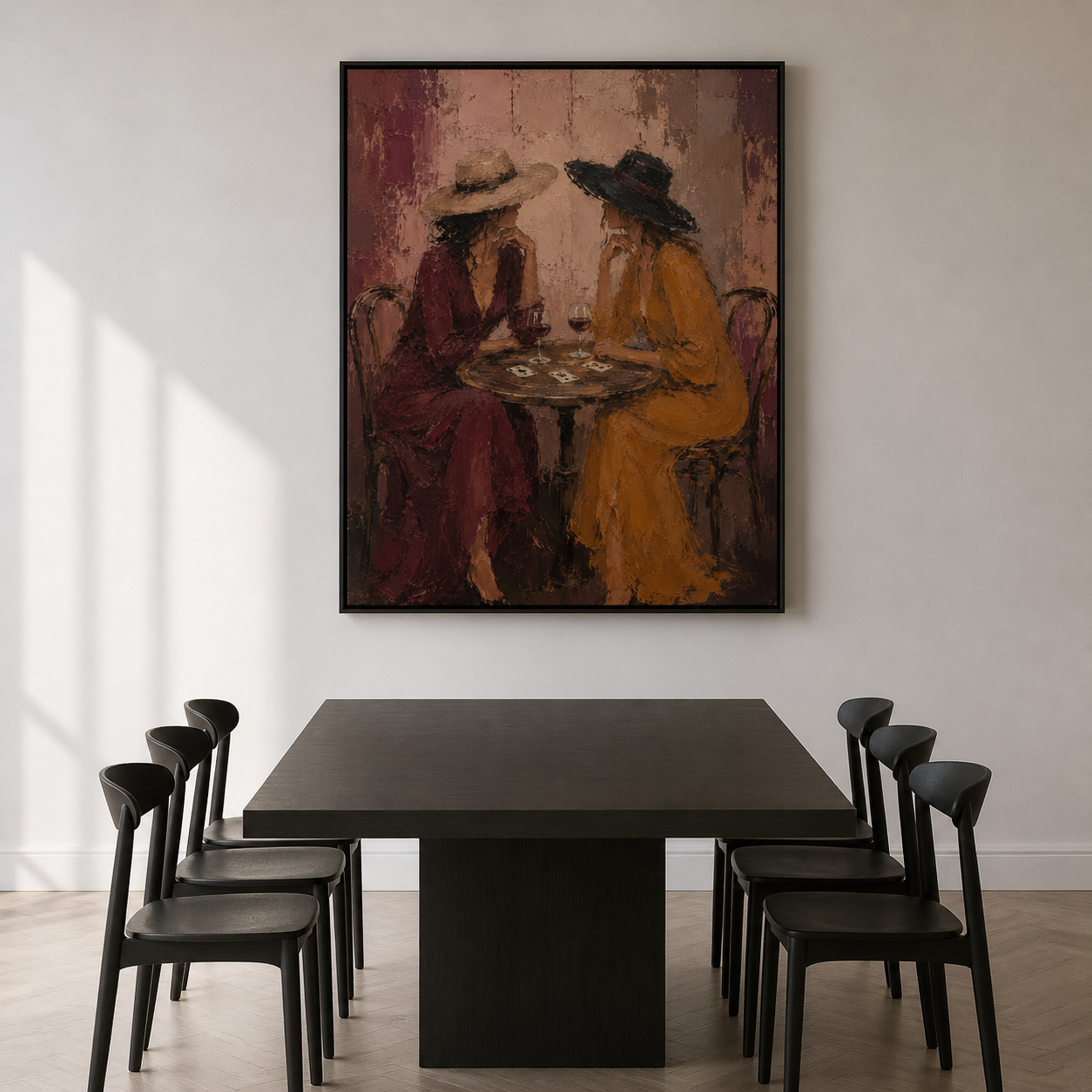 Cards & Cabernet - Two Cowgirls at Cafe Table Textured Painting
