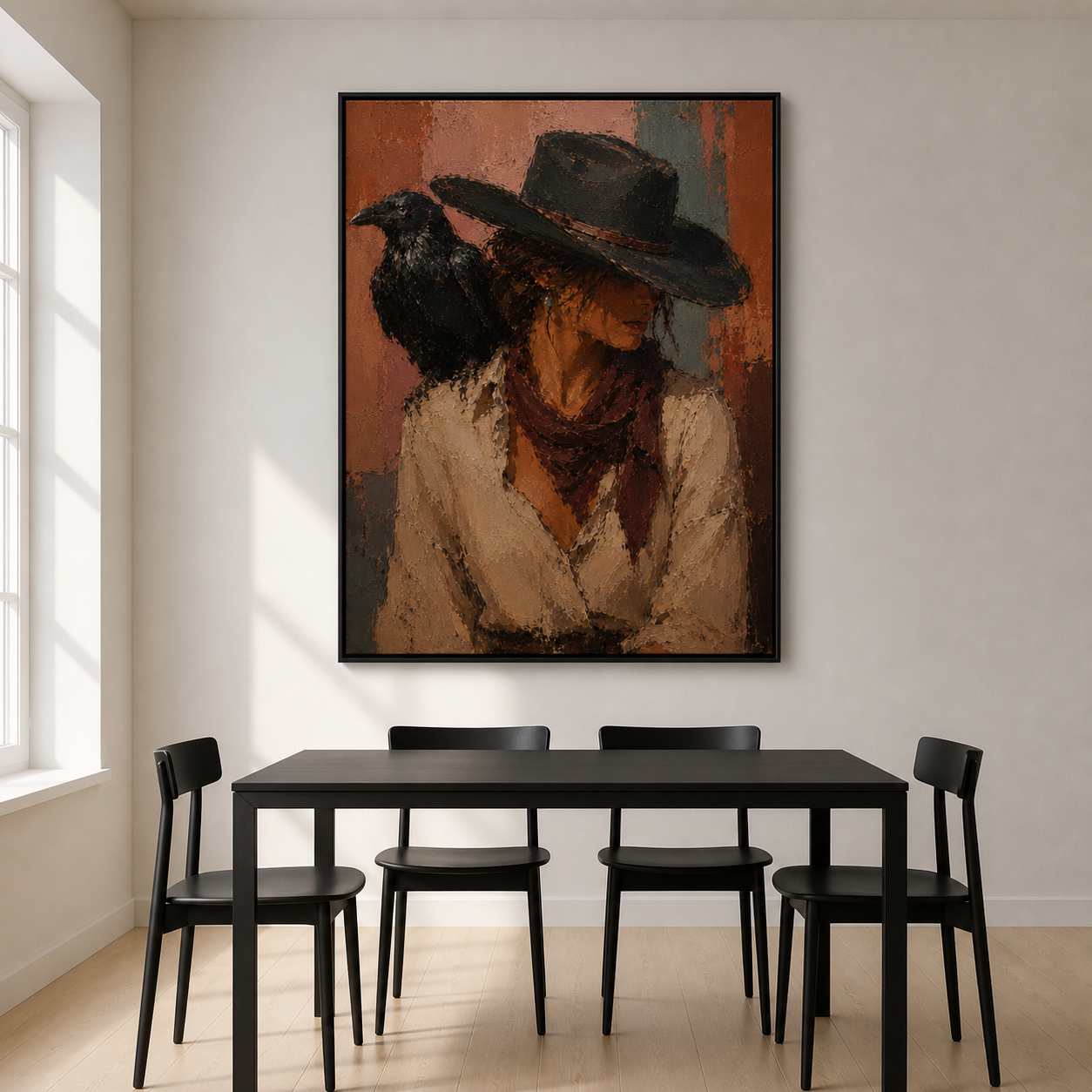 Silent Guardian - Cowgirl Close-Up with Raven Textured Painting