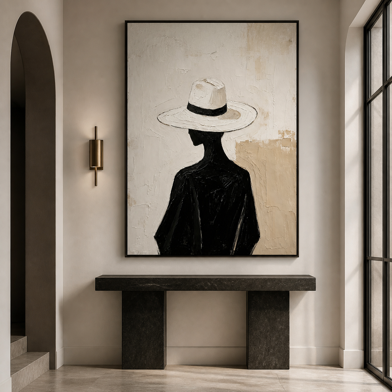 Noir Elegance - Silhouette Woman in White Hat Textured Painting