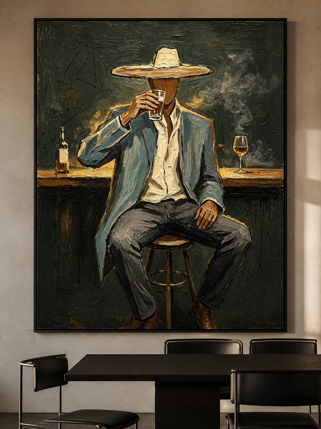 Speakeasy Solitude - Gentleman Drinking at Bar Textured Painting