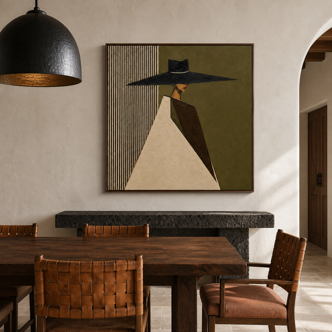 Garde Silhouette - Geometric Fluted & Black Hat Elegance Oil Painting