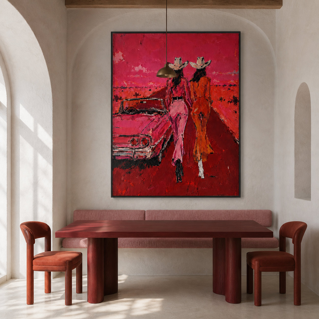 Crimson Highway Escapade - Two Cowgirls & Vintage Convertible Textured Painting