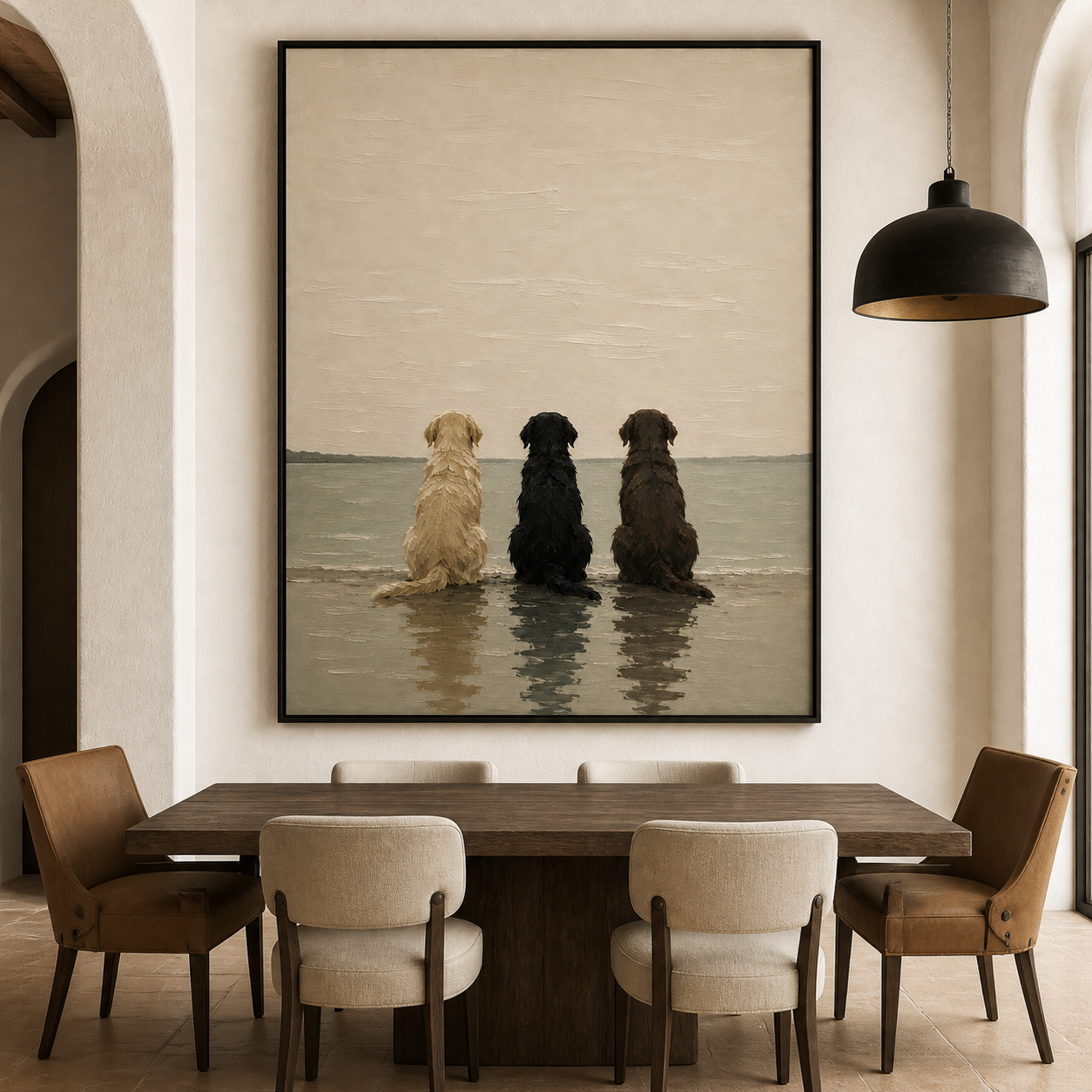 Three Faithful Friends - Trio Dogs Sitting by the Sea Impasto Canvas