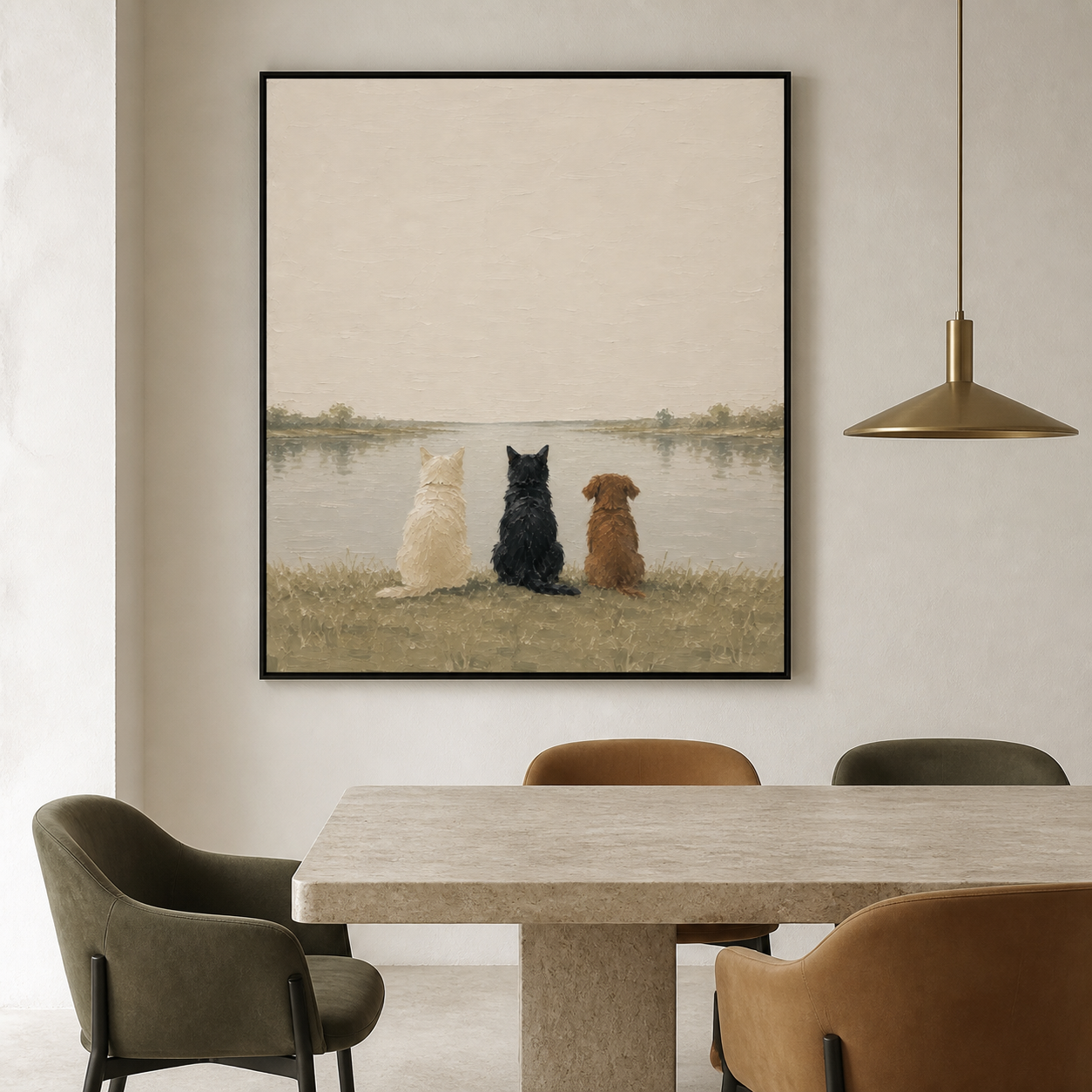 Lakeside Serenity - Trio Pet Backs on Grassy Shore Canvas