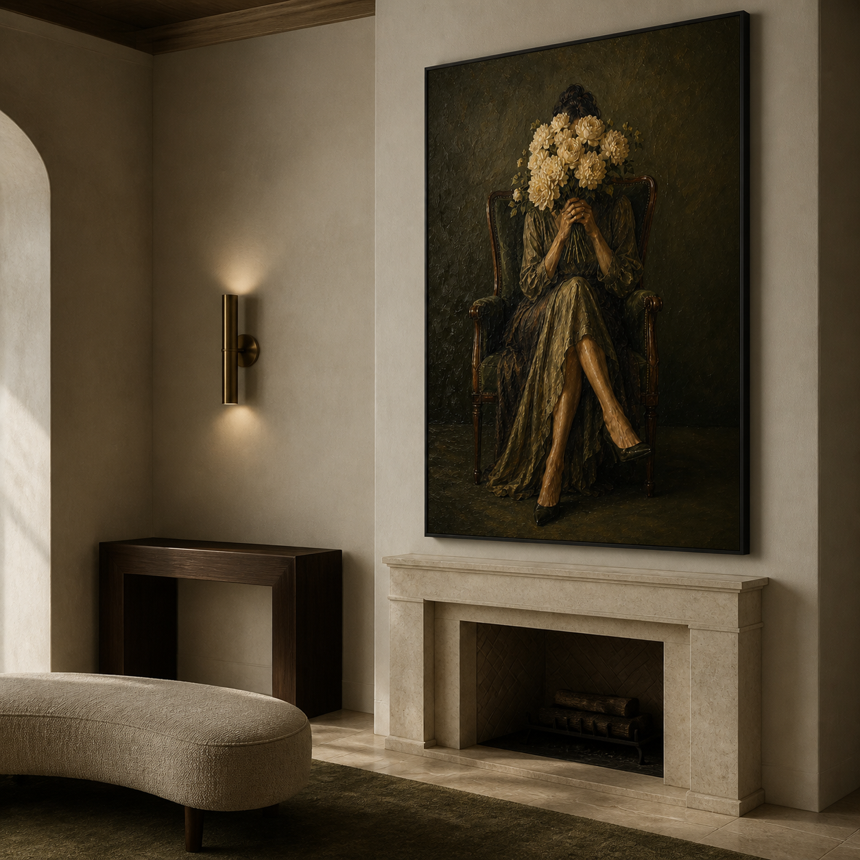 Velvet Reverie - Dark Olive Moody Floral Portrait Canvas Wall Art