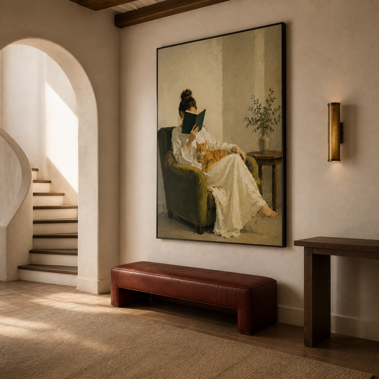 Quiet Afternoon - Woman Reading with Orange Cat Impasto Canvas Wall Art
