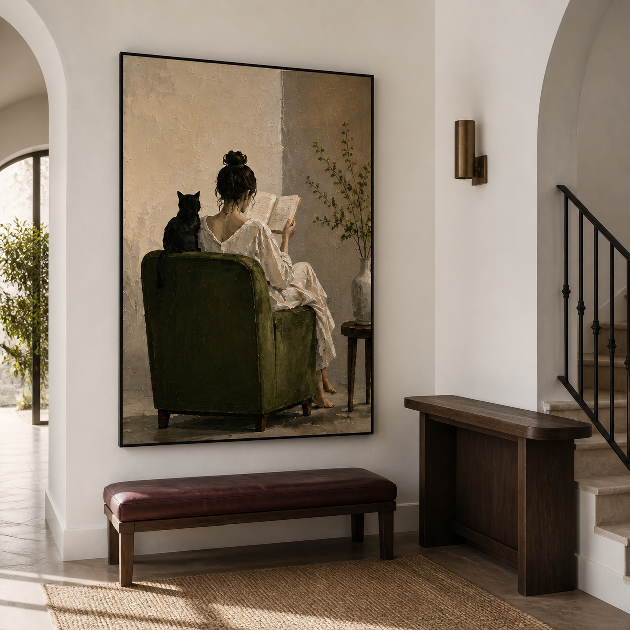 Cozy Nook - Woman Reading in Green Chair with Black Cat Canvas