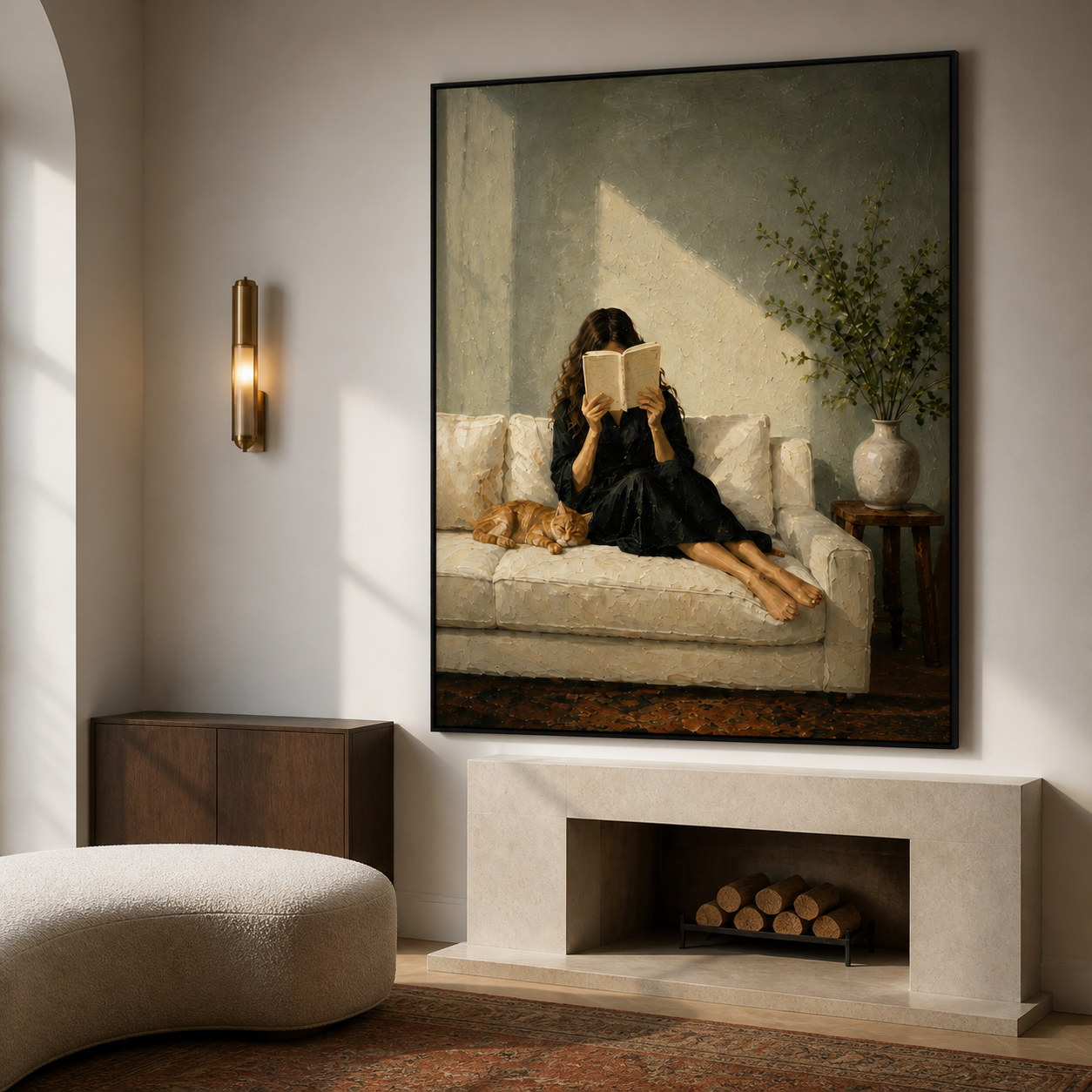 Warm Sunbeam - Woman Reading on Sofa with Sleeping Ginger Cat Canvas