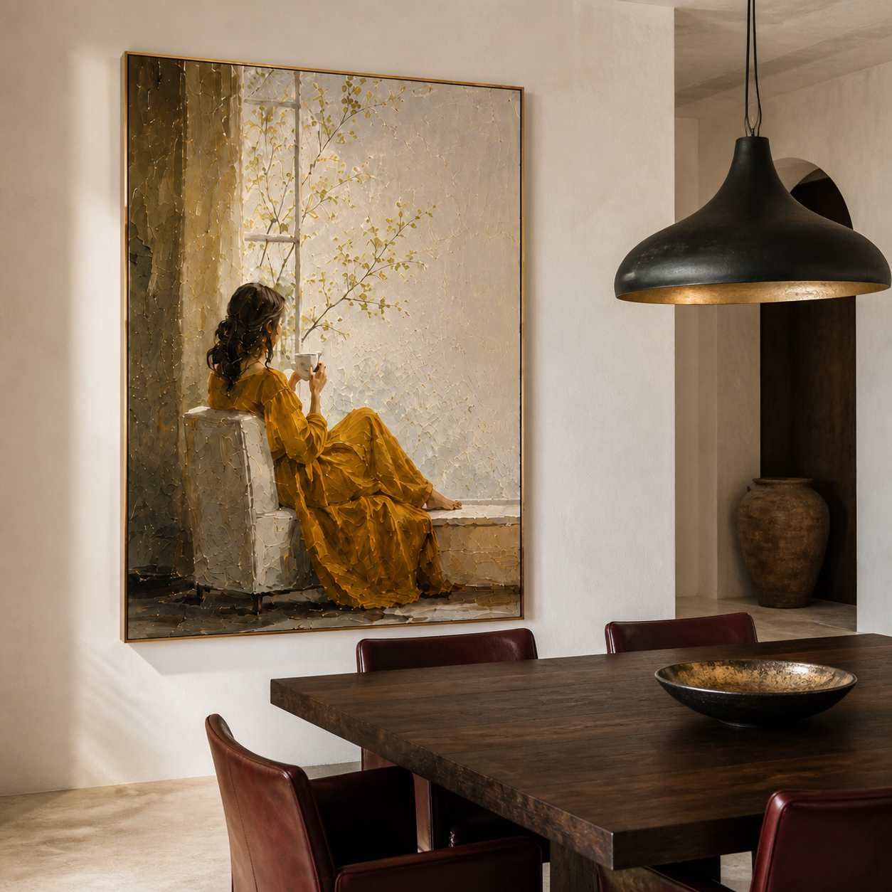 Morning Glow - Woman in Yellow Dress Drinking Tea by Window Canvas