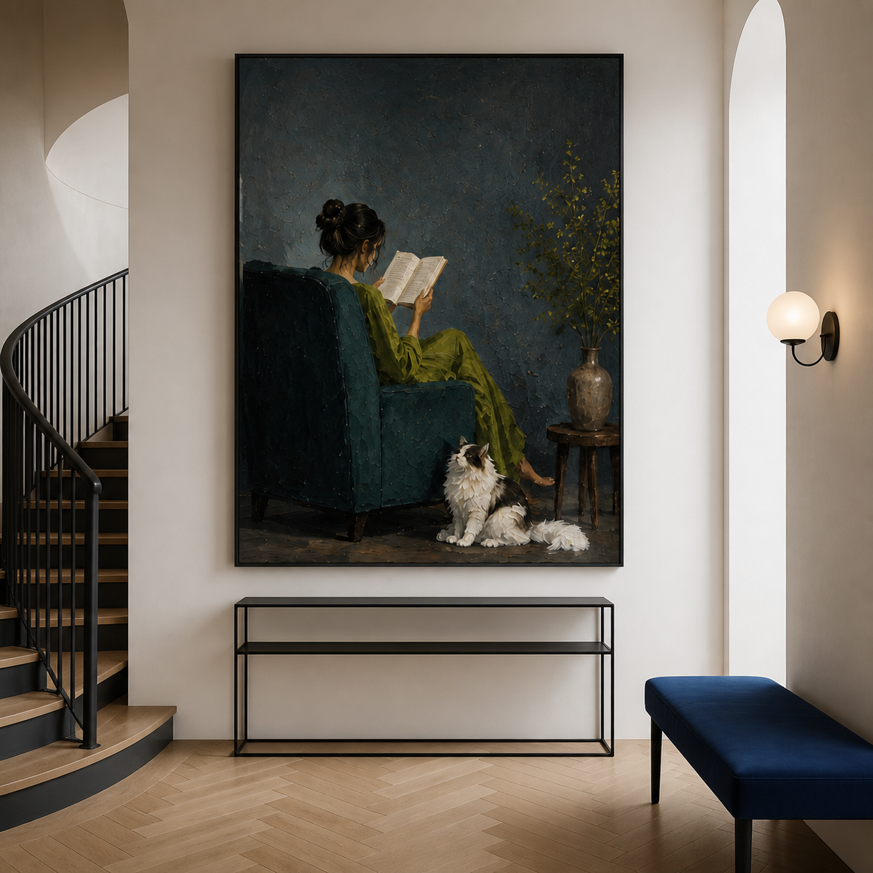 Quiet Harmony - Woman in Green Dress with Fluffy Cat Impasto Canvas